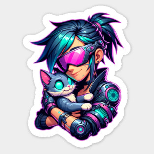 Cyberpunk Girl and Cat Sticker