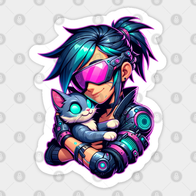 Cyberpunk Girl and Cat Sticker by HolidayBug