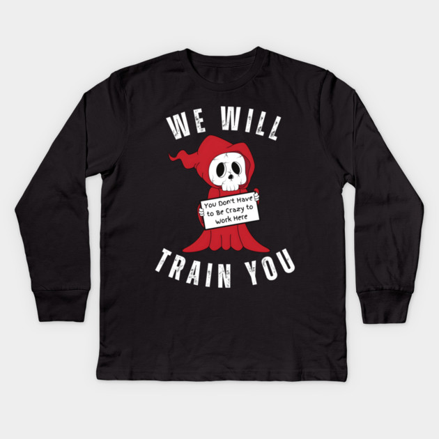 'Crazy Workplace Reaper' Funny Dark Humor Kids Long Sleeve T-Shirt by MakerMind8.2