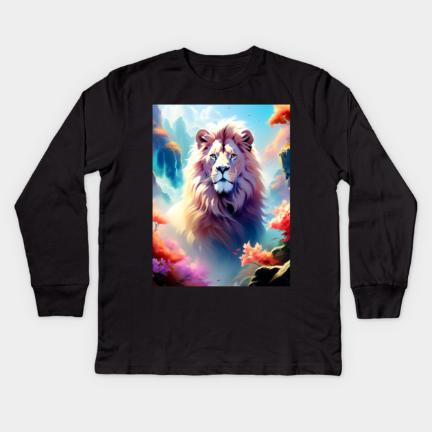 Lion in the sky double exposure wildlife forests Kids Long Sleeve T-Shirt by BirdsnStuff