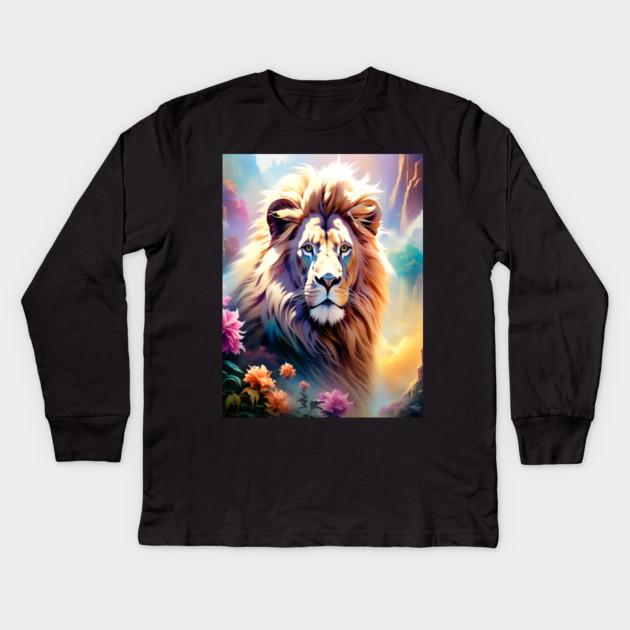 Lion in the sky double exposure wildlife forests Kids Long Sleeve T-Shirt by BirdsnStuff