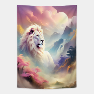 Lion in the sky double exposure wildlife forests Tapestry