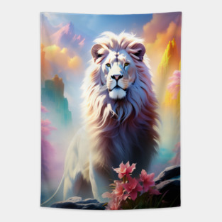 Lion in the sky double exposure wildlife forests Tapestry