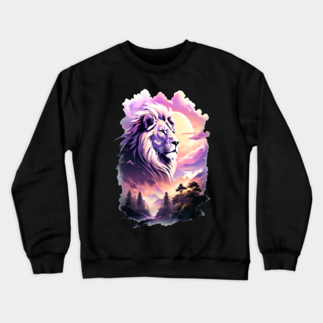 Lion in the sky double exposure wildlife forests Crewneck Sweatshirt by BirdsnStuff