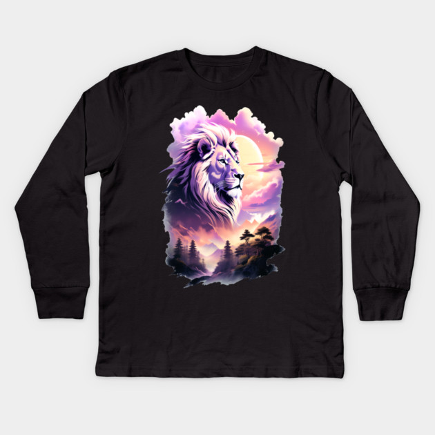 Lion in the sky double exposure wildlife forests Kids Long Sleeve T-Shirt by BirdsnStuff