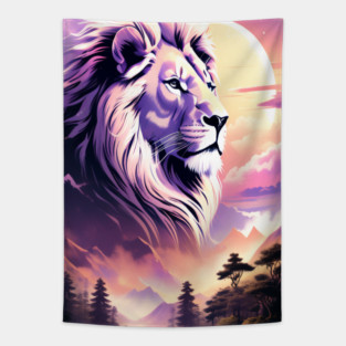 Lion in the sky double exposure wildlife forests Tapestry