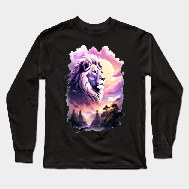 Lion in the sky double exposure wildlife forests Long Sleeve T-Shirt by BirdsnStuff