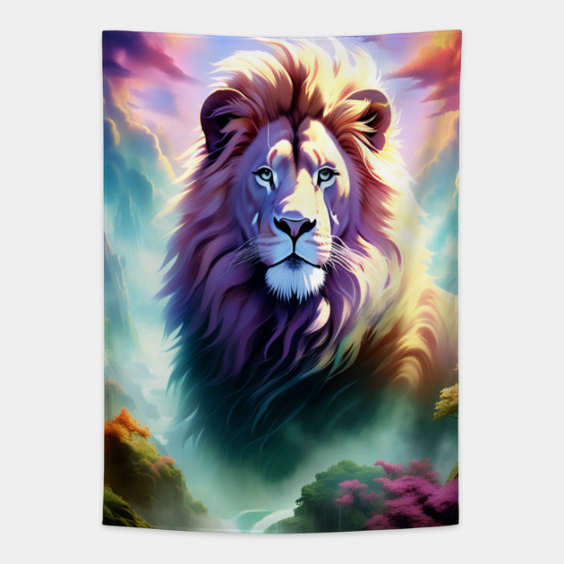 Lion in the sky double exposure wildlife forests Tapestry by BirdsnStuff