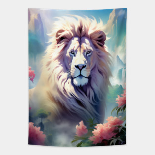 Lion in the sky double exposure wildlife forests Tapestry