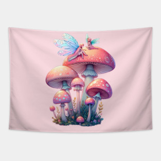 Whimsical Cottagecore Fairycore Mushrooms with Fairies Tapestry