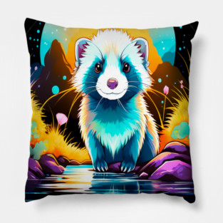 Cute Ferret with Floral Elements in Watercolor art Pillow