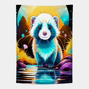 Cute Ferret with Floral Elements in Watercolor art Tapestry