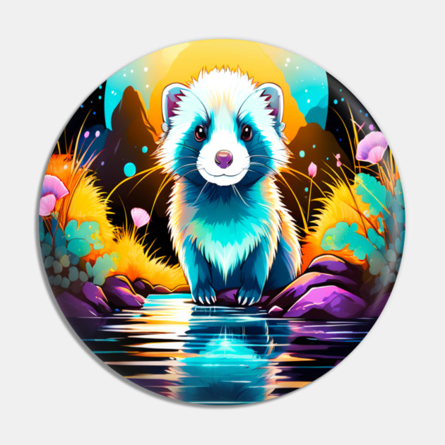Cute Ferret with Floral Elements in Watercolor art Pin by BirdsnStuff