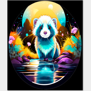 Cute Ferret with Floral Elements in Watercolor art Posters and Art