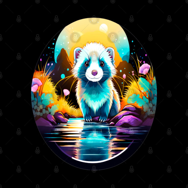 Cute Ferret with Floral Elements in Watercolor art by BirdsnStuff