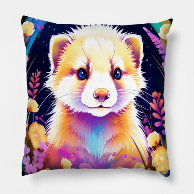 Cute Ferret with Floral Elements in Watercolor art Pillow by BirdsnStuff