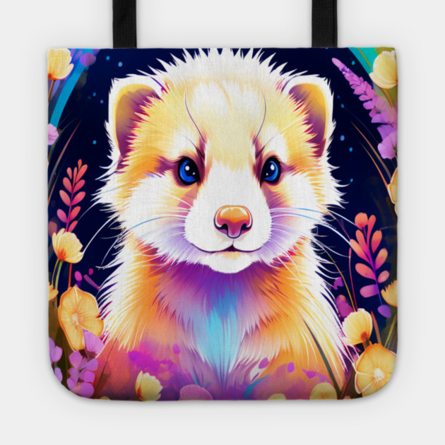 Cute Ferret with Floral Elements in Watercolor art Tote by BirdsnStuff