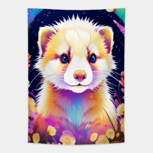 Cute Ferret with Floral Elements in Watercolor art Tapestry