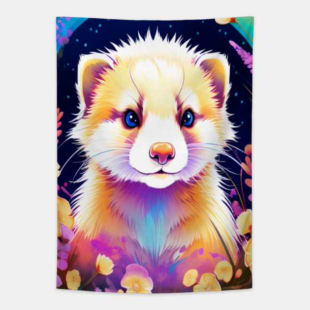 Cute Ferret with Floral Elements in Watercolor art Tapestry by BirdsnStuff