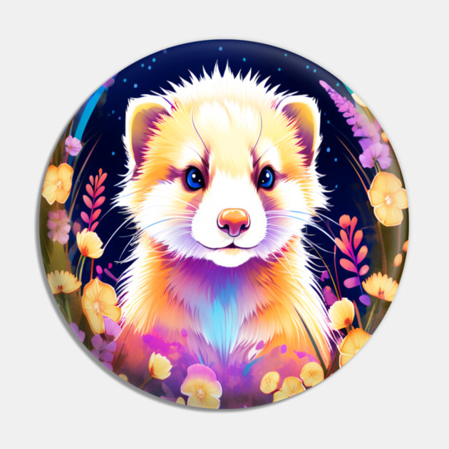 Cute Ferret with Floral Elements in Watercolor art Pin by BirdsnStuff