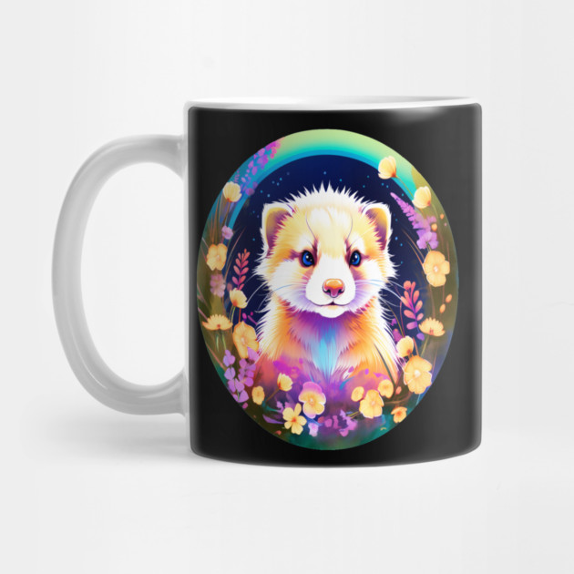 Cute Ferret with Floral Elements in Watercolor art by BirdsnStuff