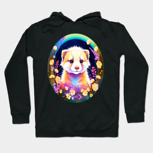 Cute Ferret with Floral Elements in Watercolor art Hoodie by BirdsnStuff