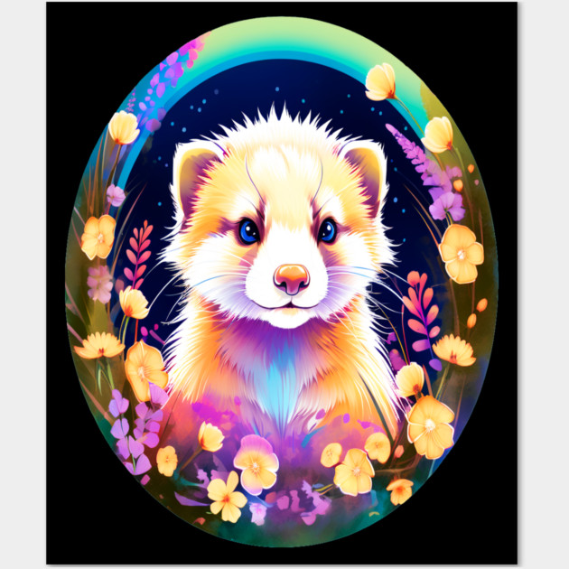 Cute Ferret with Floral Elements in Watercolor art Wall Art by BirdsnStuff