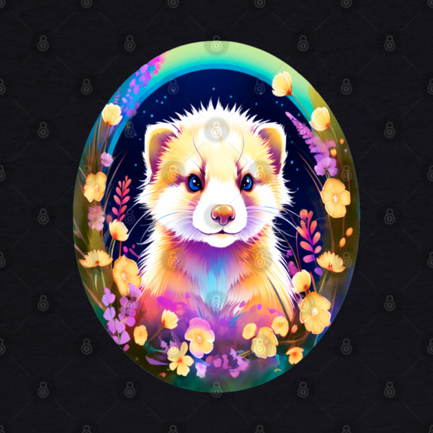 Cute Ferret with Floral Elements in Watercolor art by BirdsnStuff