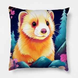 Cute Ferret with Floral Elements in Watercolor art Pillow