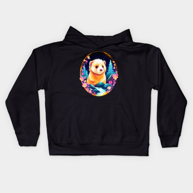 Cute Ferret with Floral Elements in Watercolor art Kids Hoodie by BirdsnStuff
