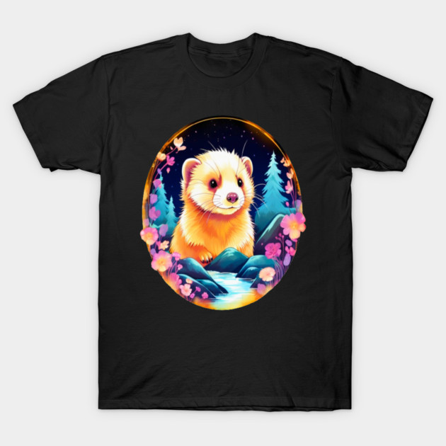 Cute Ferret with Floral Elements in Watercolor art T-Shirt by BirdsnStuff