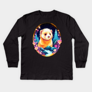 Cute Ferret with Floral Elements in Watercolor art Kids Long Sleeve T-Shirt