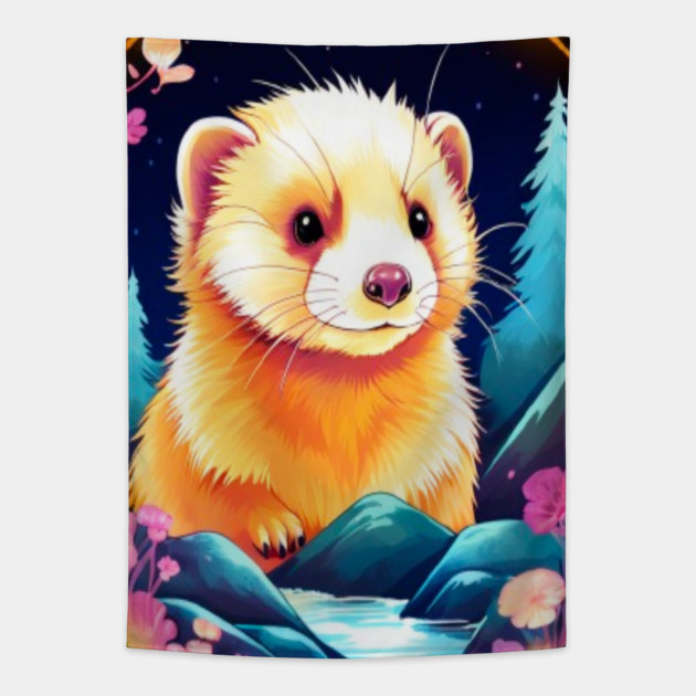 Cute Ferret with Floral Elements in Watercolor art Tapestry by BirdsnStuff