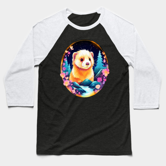 Cute Ferret with Floral Elements in Watercolor art Baseball T-Shirt by BirdsnStuff