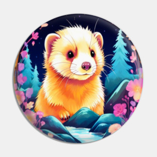 Cute Ferret with Floral Elements in Watercolor art Pin