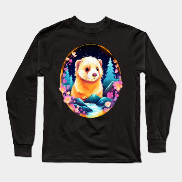 Cute Ferret with Floral Elements in Watercolor art Long Sleeve T-Shirt by BirdsnStuff