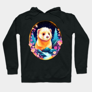 Cute Ferret with Floral Elements in Watercolor art Hoodie