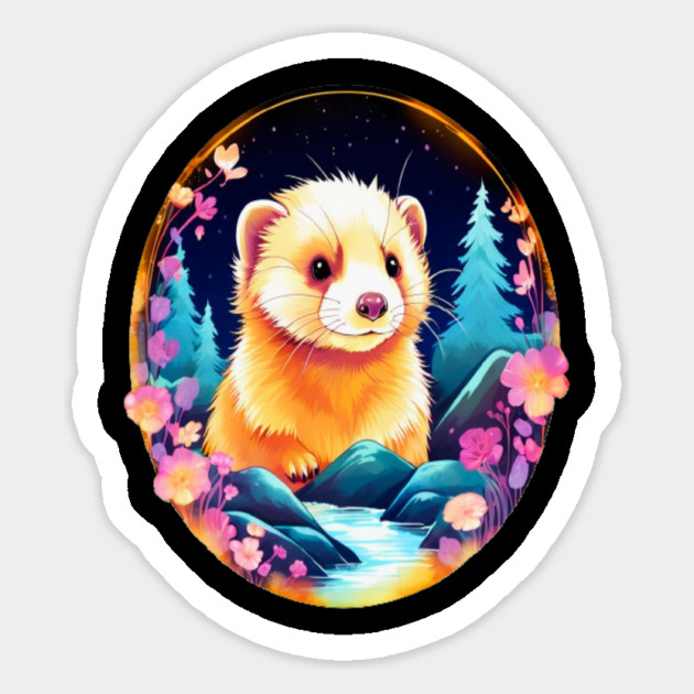 Cute Ferret with Floral Elements in Watercolor art Magnet by BirdsnStuff