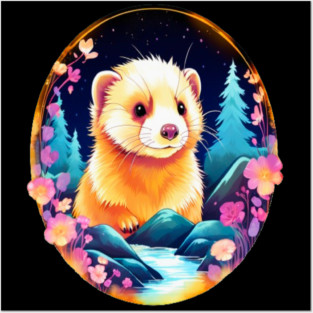 Cute Ferret with Floral Elements in Watercolor art Posters and Art
