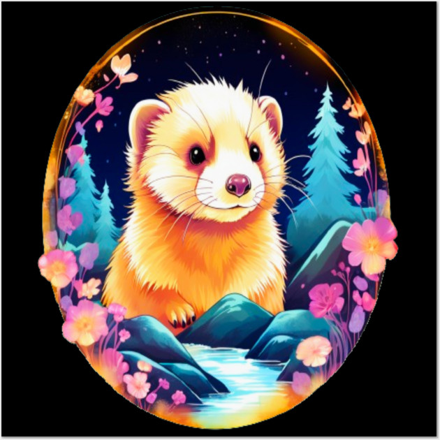 Cute Ferret with Floral Elements in Watercolor art Wall Art by BirdsnStuff