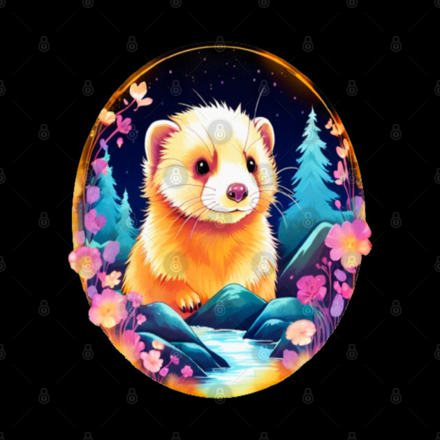 Cute Ferret with Floral Elements in Watercolor art by BirdsnStuff