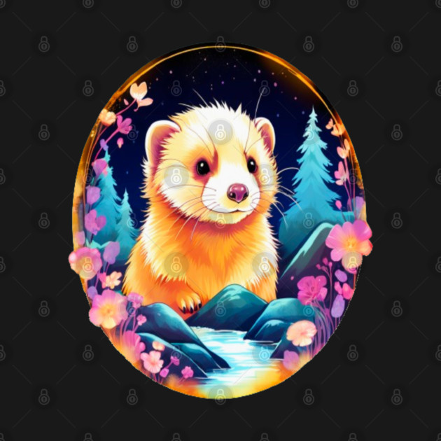 Cute Ferret with Floral Elements in Watercolor art by BirdsnStuff