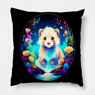 Cute Ferret with Floral Elements in Watercolor art Pillow