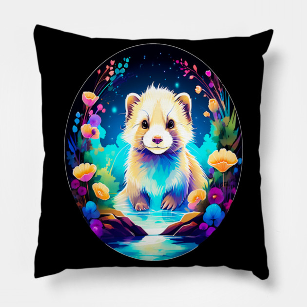 Cute Ferret with Floral Elements in Watercolor art Pillow by BirdsnStuff