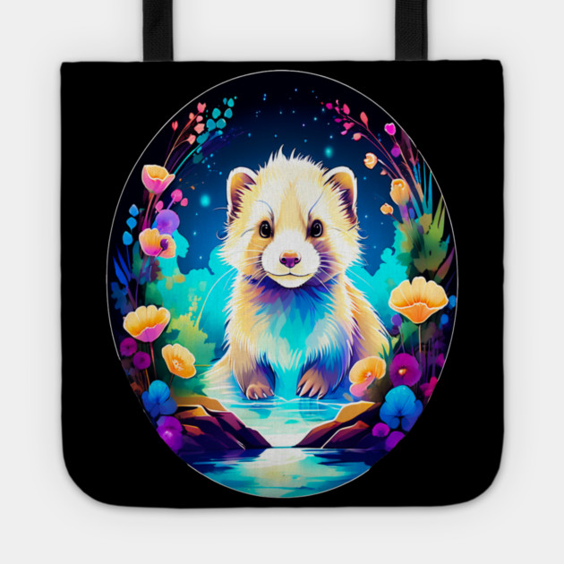 Cute Ferret with Floral Elements in Watercolor art Tote by BirdsnStuff