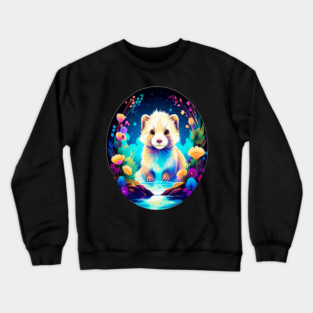 Cute Ferret with Floral Elements in Watercolor art Crewneck Sweatshirt