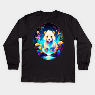 Cute Ferret with Floral Elements in Watercolor art Kids Long Sleeve T-Shirt