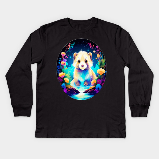 Cute Ferret with Floral Elements in Watercolor art Kids Long Sleeve T-Shirt by BirdsnStuff