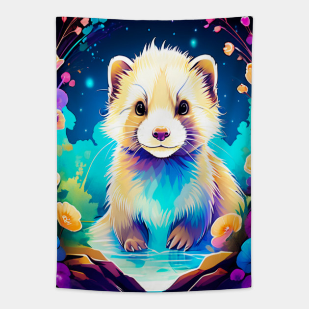 Cute Ferret with Floral Elements in Watercolor art Tapestry by BirdsnStuff