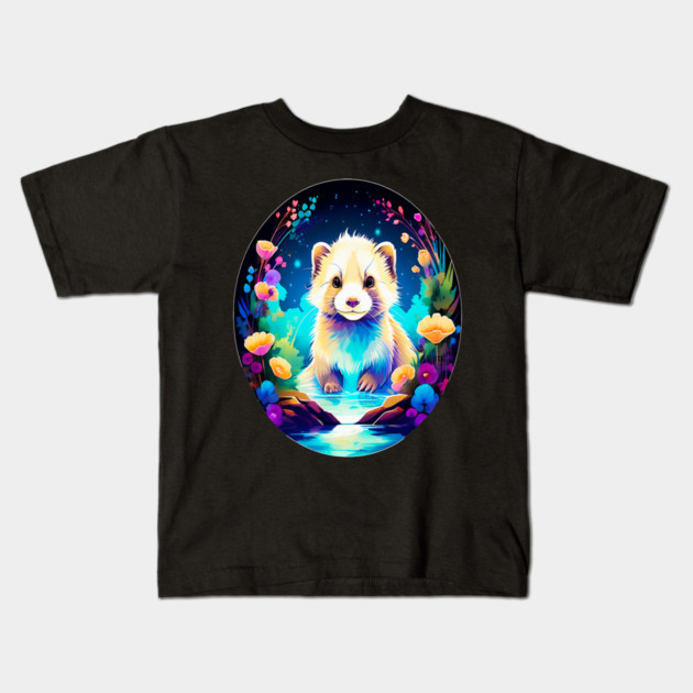 Cute Ferret with Floral Elements in Watercolor art Kids T-Shirt by BirdsnStuff